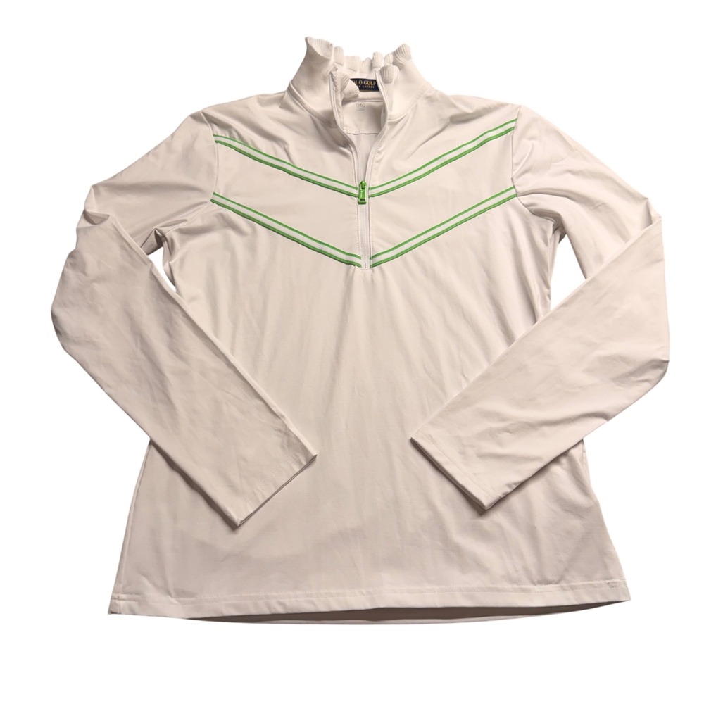 Polo Ralph Lauren Golf Womens White Green Ruffle Neck 1/4 Zip Pullover M